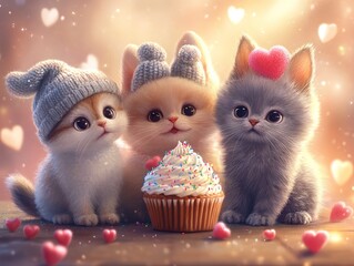 Three Adorable Kittens with a Cupcake in a Romantic Setting