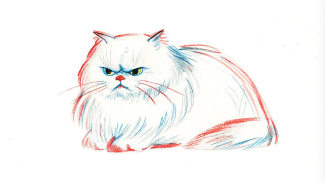 Colored pencil sktech of Persian angry cat isolated on white background