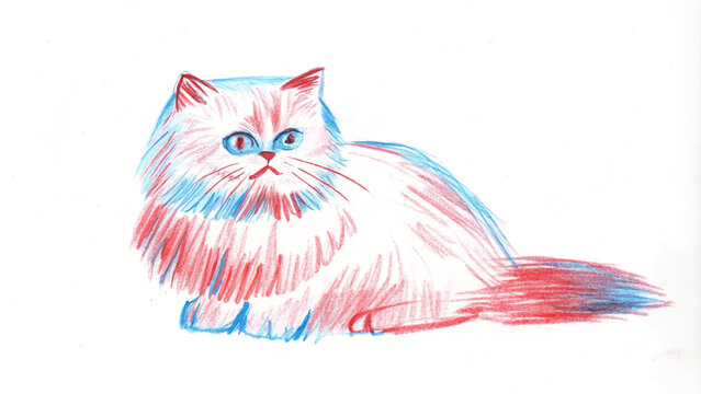 Colored pencil sktech of calm Persian cat isolated on white background