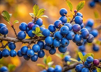 Fototapeta premium Blackthorn Berries Close Up, Wild Sloe Bush, Autumn Nature Photography, Prunus Spinosa, Blue Berries, Urban Exploration