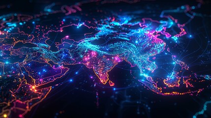 Fototapeta premium Digital Global Network Illuminating Asia and Surrounding Regions
