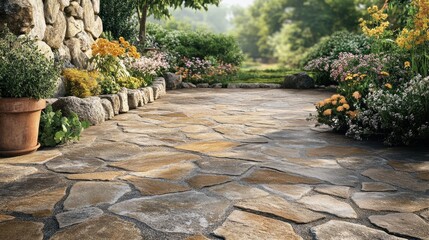 Irregular stone pathway in a garden setting, bordered by lush flowers and a stone wall. Perfect for landscaping, home improvement, or garden design projects.