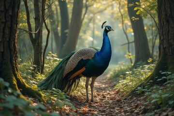 Obraz premium Majestic Peacock Strolling Through A Sunlit Forest Path