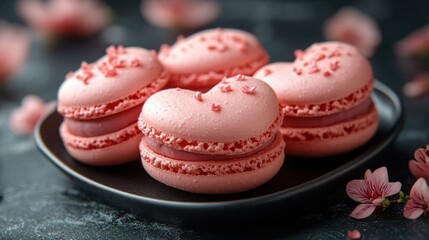 Fototapeta premium Delicious pink macarons placed in a heart-shaped box with floral decorations, perfect for romantic gifts.
