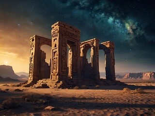 Fototapeta premium Ancient Stone Ruins Under Starry Desert Night Sky