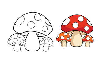 A fun mushroom-themed coloring page for kids featuring cute mushrooms with smiling faces, unique patterns, and nature-inspired elements like grass, flowers, and butterflies!