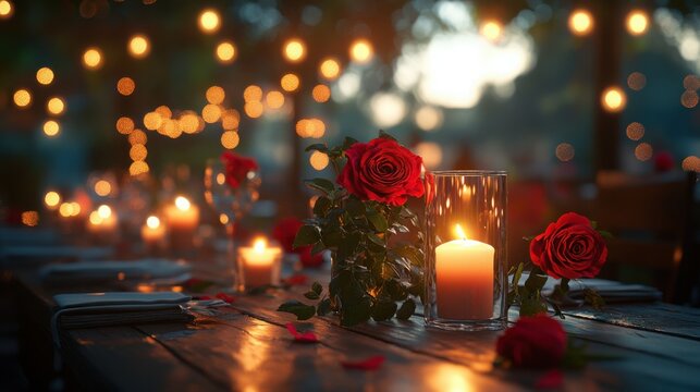 Elegant candlelit dinner with roses and soft glowing lights, ideal for a romantic evening or anniversary celebration.
