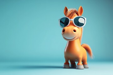 Adorable Cartoon Horse in Sunglasses Against a Turquoise Background  A Fun, Whimsical 3D Rendered Image