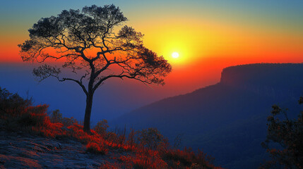 Obraz premium lone tree stands on rocky hilltop, silhouetted against vibrant sunset with warm orange, red, and blue hues, overlooking distant cliff and serene valley