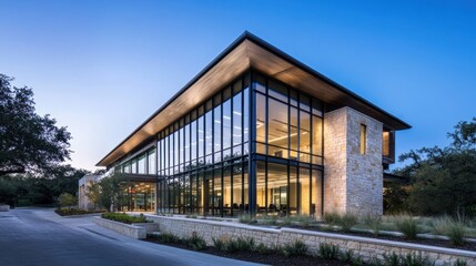 Obraz premium Modern glass and stone office building at dusk.