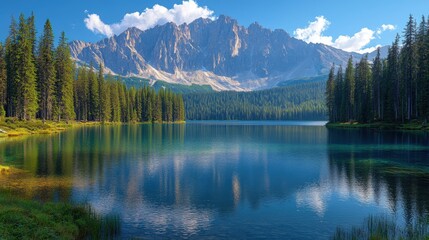 Serene mountain lake reflecting trees and peaks under a clear blue sky.