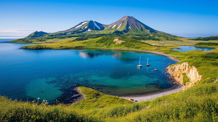 Obraz premium serene coastal landscape with calm bay, vibrant green hills, and majestic volcanic mountain under clear blue sky, featuring anchored sailboats and sandy beach
