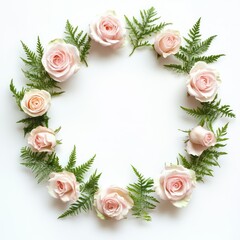 Fototapeta premium A circular wedding frame of pale pink roses and green ferns, arranged elegantly with soft shadows on a white background