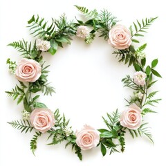 Fototapeta premium A circular wedding frame of pale pink roses and green ferns, arranged elegantly with soft shadows, on a white background
