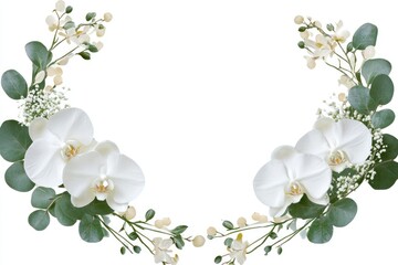 Fototapeta premium A clean and elegant floral wedding frame made with white orchids and soft greenery isolated on a white background
