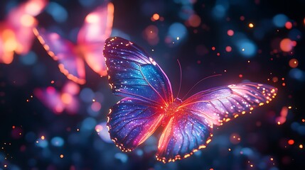 Glowing Butterfly in Dark Fantasy Setting Digital Art Abstract Neon Lights Sparkle