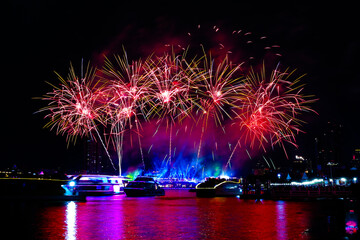 Fototapeta premium Fireworks at Chaopraya River Bangkok Thailand