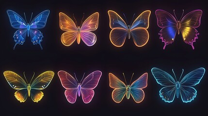 Obraz premium Collection of Eight Vibrant Neon Butterflies Glowing in the Dark Digital Art