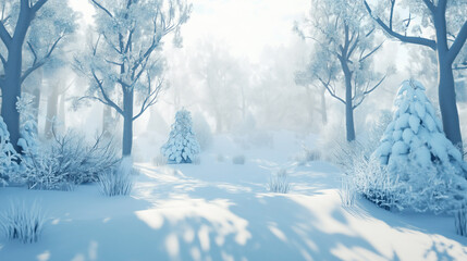 Obraz premium snow covered trees in winter forest christmas holiday backdrop nature background bokeh white blue light shadow