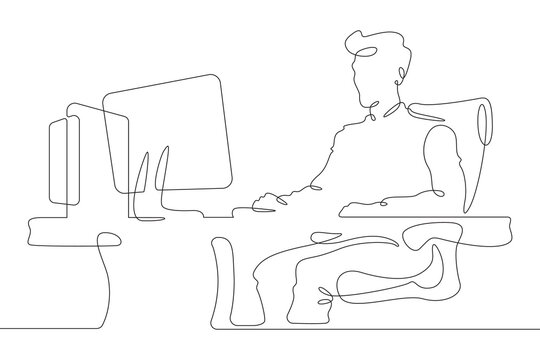 Continuous one line drawing man working at computer. Personal computer. Young man sitting at table in front of monitor. One continuous line isolated minimal illustration.Not AI.