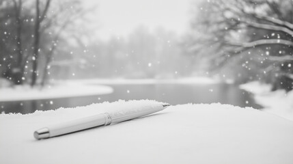 Fototapeta premium closeup of white pen snowing snow covered trees in park seasonal background writer author concept white grey