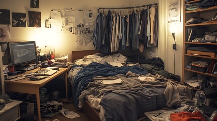 Messy Student Bedroom Interior Chaos: A Glimpse into a Student's Busy Life