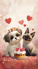 Adorable Shih Tzu Puppy and Siamese Kitten Celebrating Birthday with Cake