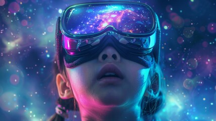 A Young Girl Exploring the Cosmos Through Virtual Reality Goggles: A Futuristic Vision of Space Exploration and Technological Advancement