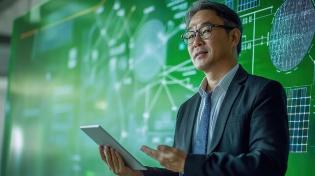 An Asian senior green energy consultant presenting renewable energy plans to stakeholders, greenscreen background, full body