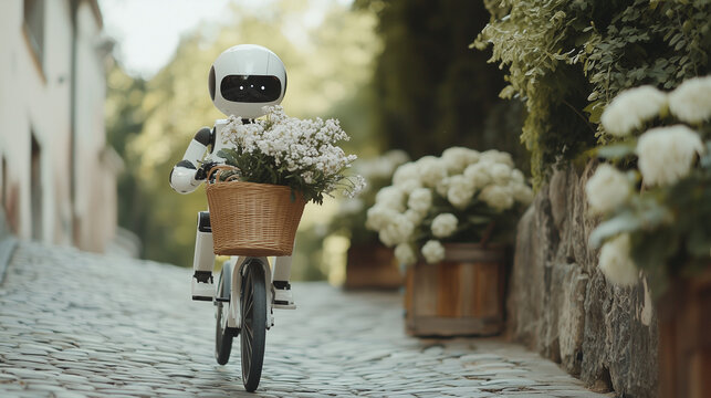 A Day in the Life of a Friendly Robot:  A charming robot rides a bicycle down a cobblestone path, a basket of white flowers in tow.  This whimsical image evokes a sense of wonder and possibility.