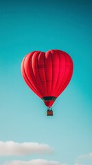 Fototapeta premium Red heart-shaped hot air balloon soaring in blue sky