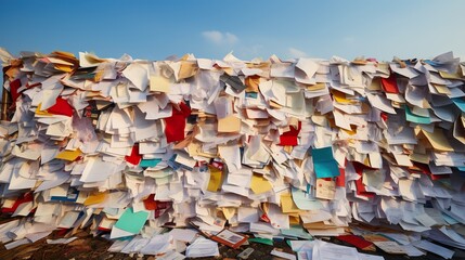 Obraz premium Several sheets of paper clutter a close-up image of a pristine white wall, 