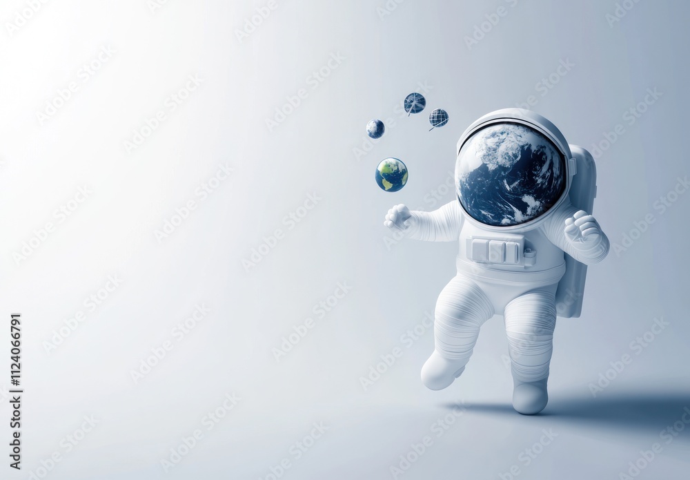 Poster an astronaut juggling planets in space, symbolizing exploration and curiosity.