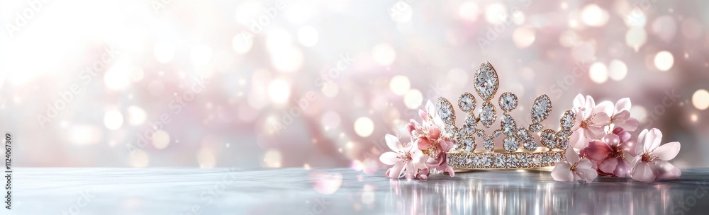 Poster a sparkling tiara surrounded by delicate pink flowers and soft bokeh lights.