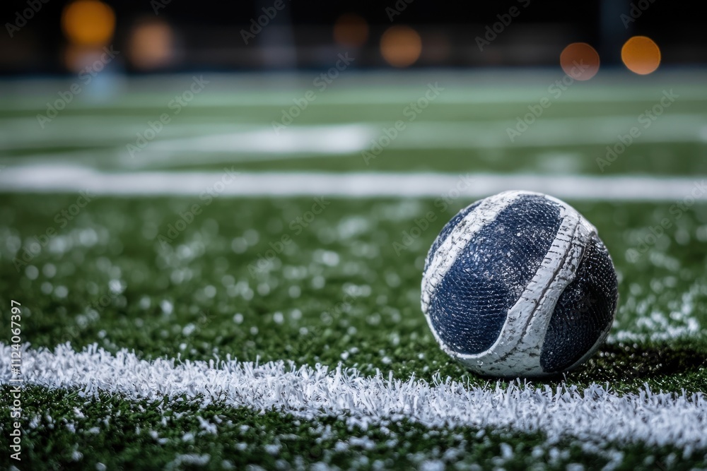 Poster a close-up of a worn soccer ball resting on a turf field, highlighting the texture and detail.