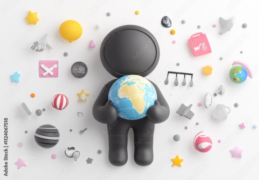 Aufkleber a stylized figure holding a globe surrounded by playful, colorful objects and shapes.