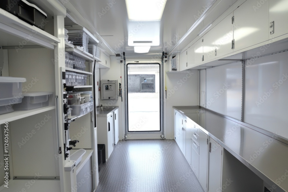 Poster interior of a clean, organized mobile unit with storage and workspace.
