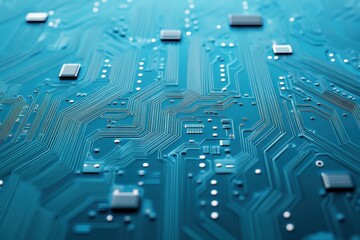 Close-up of a teal circuit board's intricate pathways and components. Illustrates technology, electronics, and connectivity concepts.