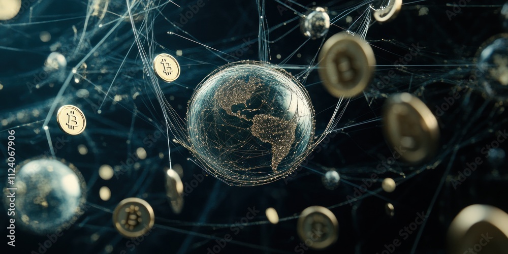 Poster A digital representation of a globe interconnected with Bitcoin symbols, symbolizing cryptocurrency.