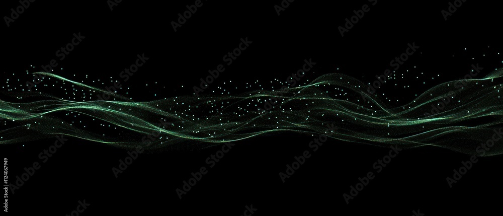 Poster Abstract green waves with floating particles on a black background.