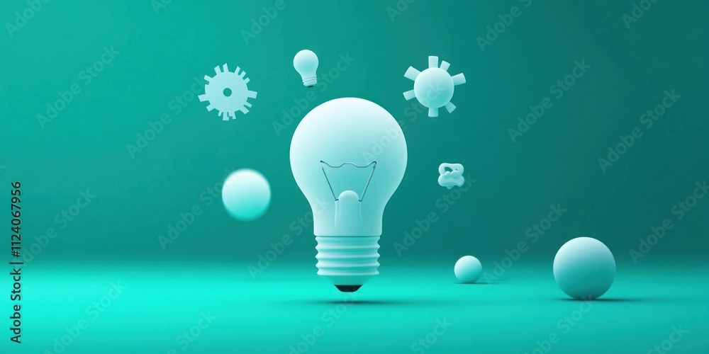 Poster a floating light bulb surrounded by abstract shapes representing ideas and innovation.