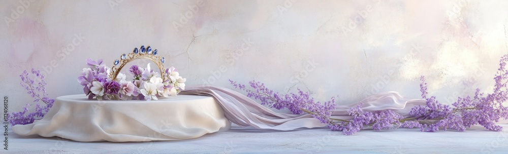 Poster a serene display of flowers and a decorative mirror on a soft fabric background.