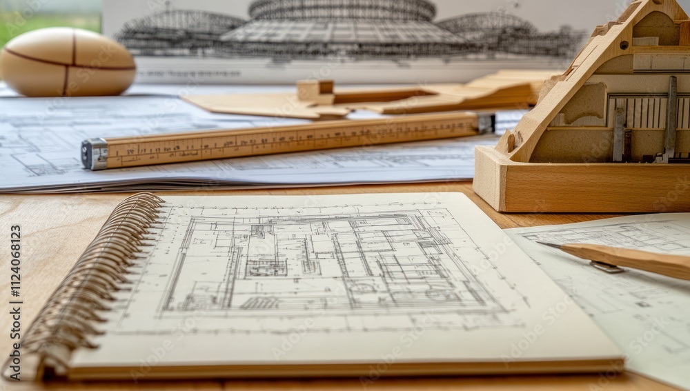 Poster architectural plans and models displayed on a wooden table for design and construction purposes.
