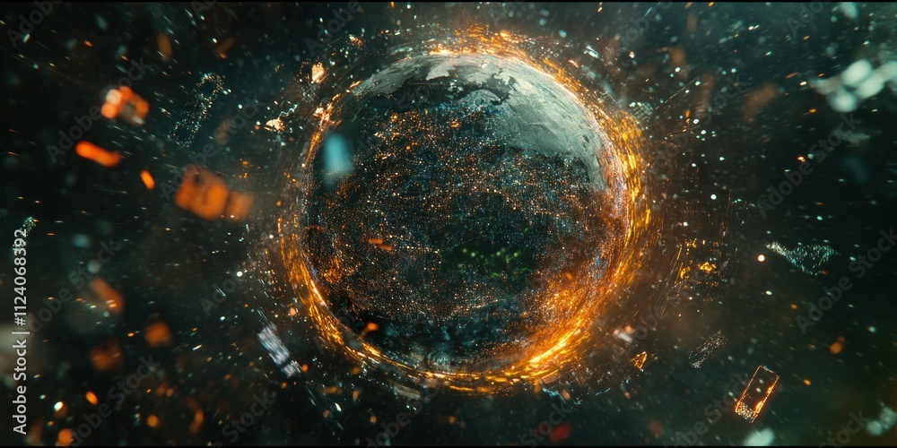 Poster a digitally rendered planet engulfed in flames and debris, symbolizing destruction and chaos.