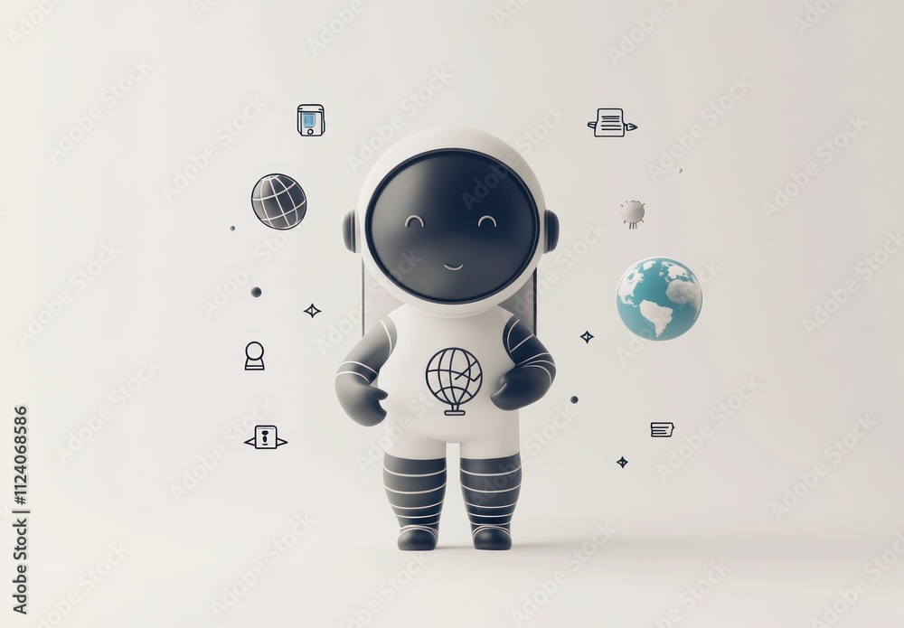 Poster A cheerful astronaut character surrounded by icons representing global themes and technology.