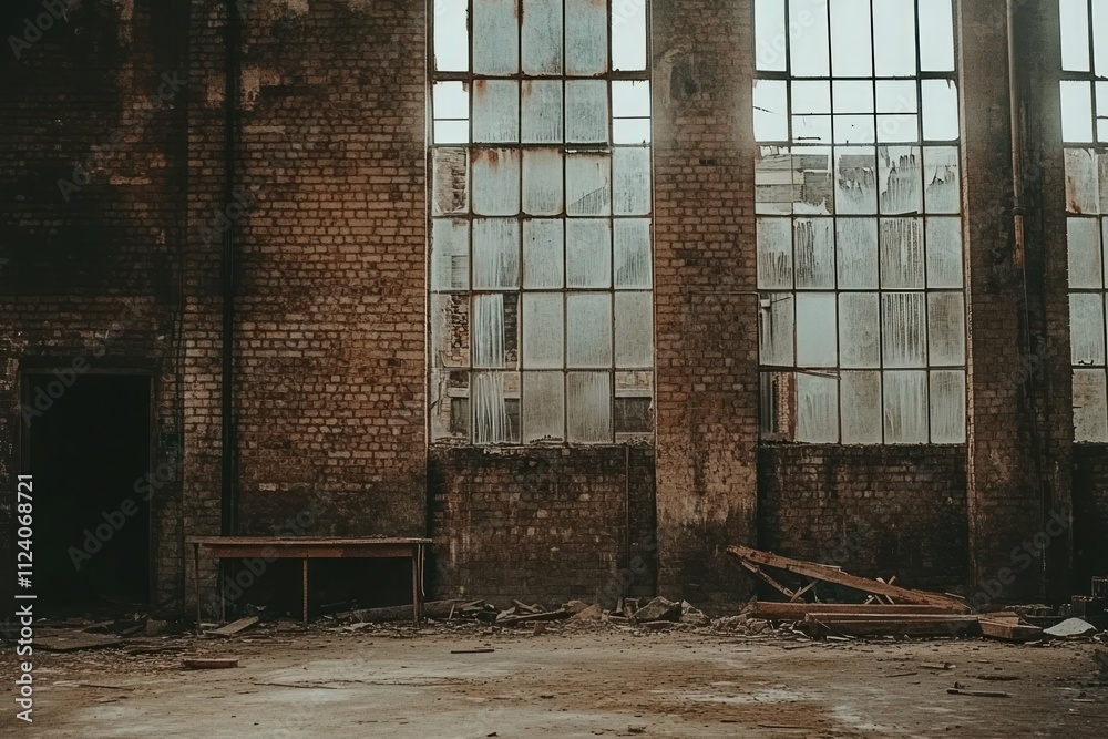 Poster an abandoned industrial space with large windows and debris scattered on the floor.