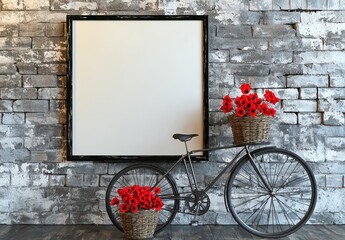 Detailed gallery image glossy ebony frame, grey brick wall, bicycle basket with red flowers, natural light front shot.