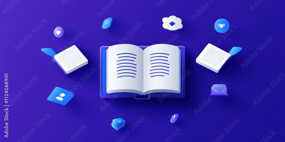 Poster An open book surrounded by icons representing communication and information.