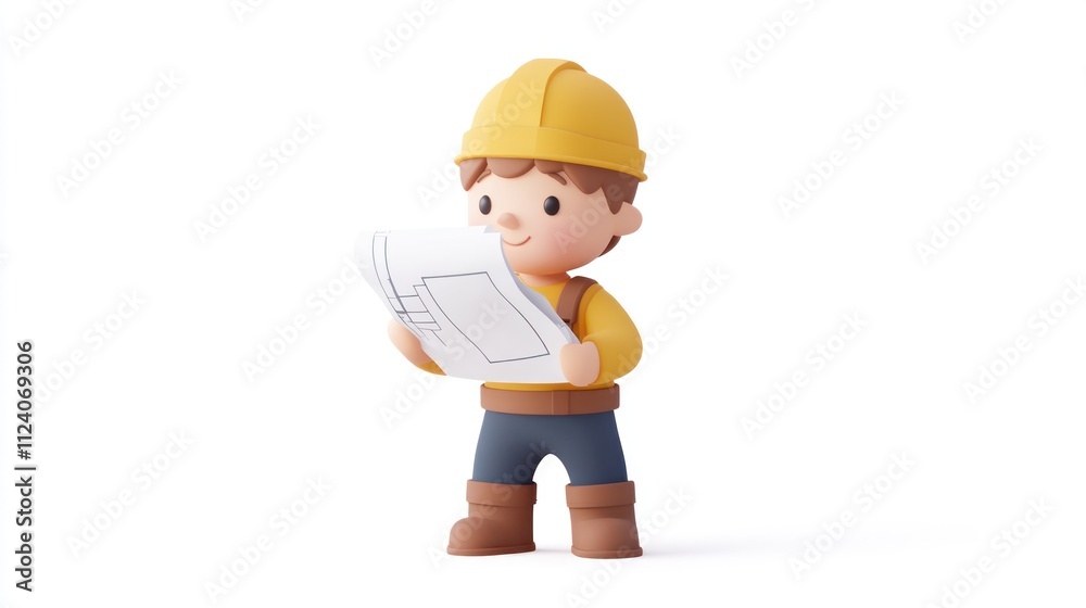 Poster A cartoon construction worker examining blueprints with a hard hat and boots.