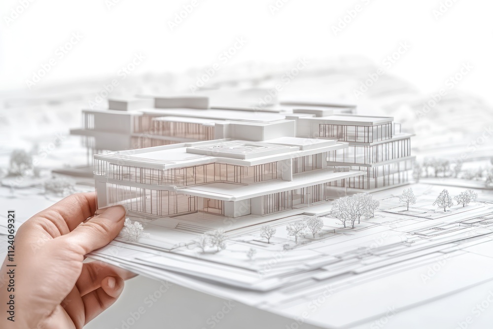 Poster a hand holds a detailed architectural model of a modern building design.